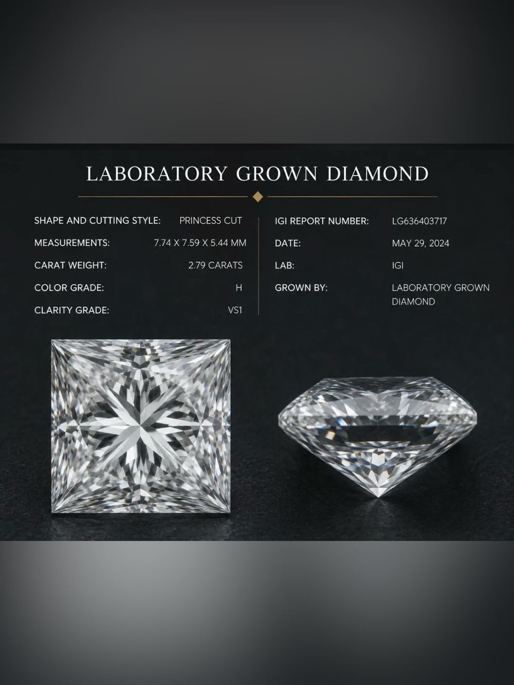 Princess Cut Laboratory Grown Diamond - H Color VS1 Clarity